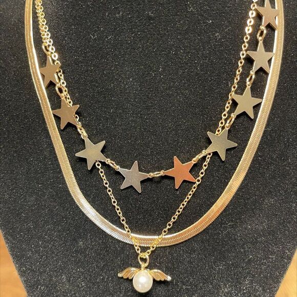 3 piece necklace set in gold tones with stars, pearl amulet, NWOT, fun fashion - Picture 1 of 13